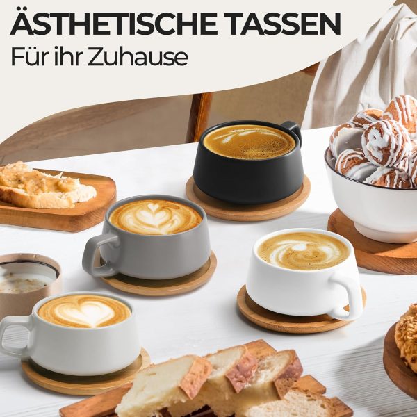 MIAMIO - 4 x 320 ml Kaffeetassen/Cappuccino Tassen mit Unterteller/elegant/modern/Kaffeebecher aus Steingut - Luxe Kollektion 4er Set (Klassisches Pastell) 2