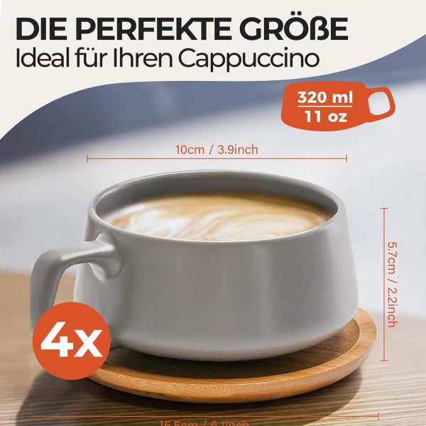 MIAMIO - 4 x 320 ml Kaffeetassen/Cappuccino Tassen mit Unterteller/elegant/modern/Kaffeebecher aus Steingut - Luxe Kollektion 4er Set (Klassisches Pastell) 6
