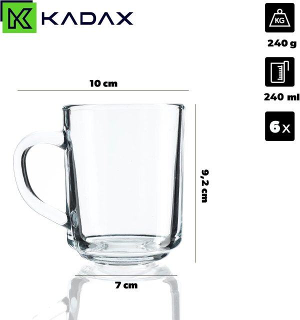 KADAX Durchsichtiger Glasbecher mit Griff, spülmaschinenfeste Trinkgläser mit Henkel, Kaffeegläser aus Glas, Teegläser, Wassergläser, Glastassen für Heiß (6 x 240ml) 2