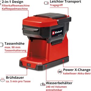 Einhell Akku-Kaffeemaschine TE-CF 18 Li-Solo Power X-Change (18 V, 240 ml Wasserbehälter, für Filterkaffee & Kaffeepads, Tragegriff, inkl. Kaffeetasse mit Deckel, ohne Akku) 12