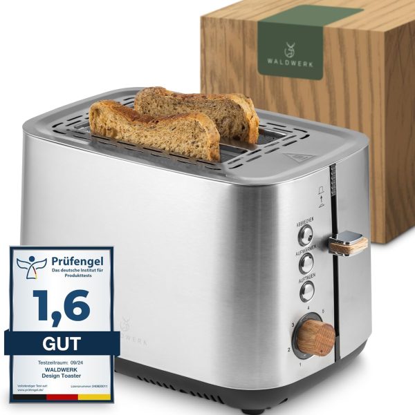 WALDWERK Design Toaster - aus 304 Edelstahl und Eichenholz - für 2 Scheiben - mit Brötchenaufsatz - mit extra breiten und tiefen Toastkammern - mit Krümelschublade 1