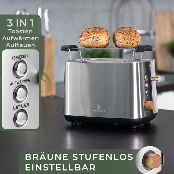 WALDWERK Design Toaster - aus 304 Edelstahl und Eichenholz - für 2 Scheiben - mit Brötchenaufsatz - mit extra breiten und tiefen Toastkammern - mit Krümelschublade 4