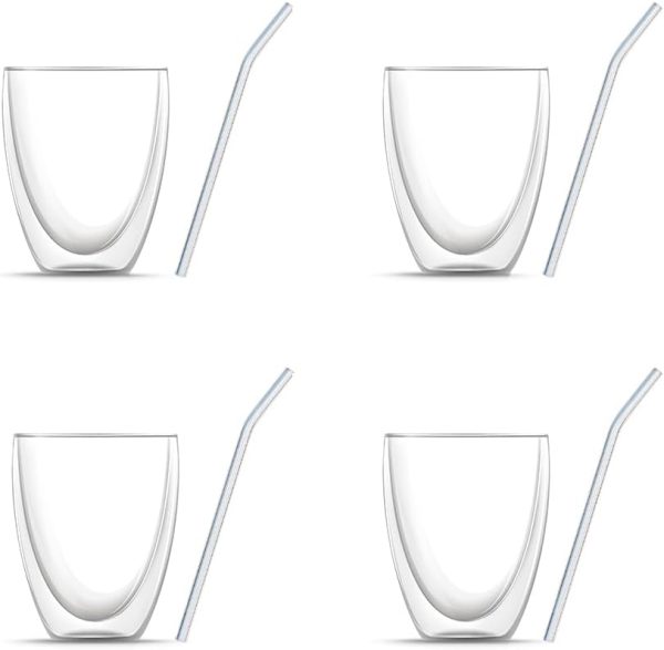BEM 8-er Gläser Set: 4 x Doppelwandige Cappuccino Eiscafe Kaffeegläser Teegläser, Kaffeetassen und Teetassen Set, für heiße und kalte Getränke (je 330 ml, Borosilikatgläser) und 4 x Glasstrohhalme 1