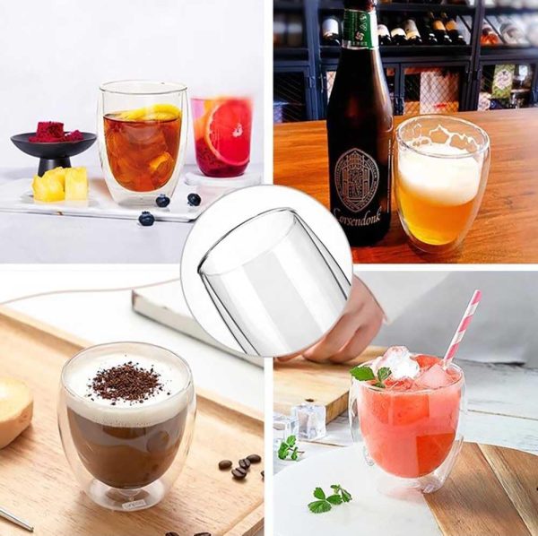 BEM 8-er Gläser Set: 4 x Doppelwandige Cappuccino Eiscafe Kaffeegläser Teegläser, Kaffeetassen und Teetassen Set, für heiße und kalte Getränke (je 330 ml, Borosilikatgläser) und 4 x Glasstrohhalme 4