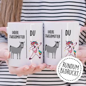 Tasse Schwiegermutter Geschenk Andere Schwiegermütter - Du, Kaffeetasse Schwiegermama Geschenk für Frauen Ehe Hochzeit, Geschenkidee Frau Verlobung Geburtstag Muttertag Kaffee-Becher (Weiß/Rosa) 12