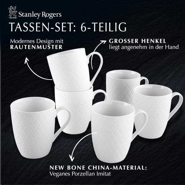 Stanley Rogers 6-teiliges Tassen-Set – Kaffeetassen in modernem Rautendesign – Hochwertiges New Bone Material in Weiß – Perfekt für Heißgetränke wie Kaffee, Tee oder Kakao – 340 ml Volumen 2