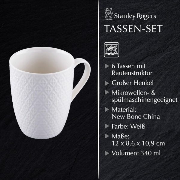 Stanley Rogers 6-teiliges Tassen-Set – Kaffeetassen in modernem Rautendesign – Hochwertiges New Bone Material in Weiß – Perfekt für Heißgetränke wie Kaffee, Tee oder Kakao – 340 ml Volumen 3