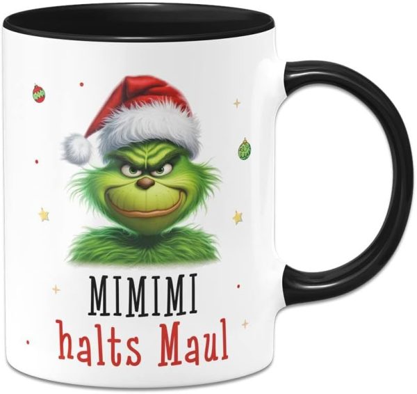 Tassenbrennerei Tasse Grinch - Mimimi Halts Maul - Anti-Weihnachten Weihnachtstasse lustig - Kaffeetasse mit Spruch Weihnachts-Deko (Schwarz) 1