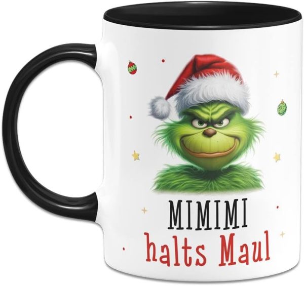 Tassenbrennerei Tasse Grinch - Mimimi Halts Maul - Anti-Weihnachten Weihnachtstasse lustig - Kaffeetasse mit Spruch Weihnachts-Deko (Schwarz) 2
