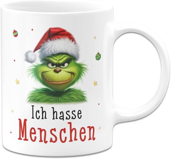 Tassenbrennerei Tasse Grinch - Ich hasse Menschen - Kaffeetasse mit Spruch, Weihnachtstasse lustig - Weihnachts-Deko Anti-Weihnachten (Weiß) 1