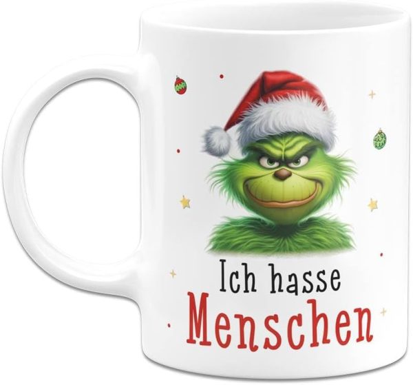 Tassenbrennerei Tasse Grinch - Ich hasse Menschen - Kaffeetasse mit Spruch, Weihnachtstasse lustig - Weihnachts-Deko Anti-Weihnachten (Weiß) 2