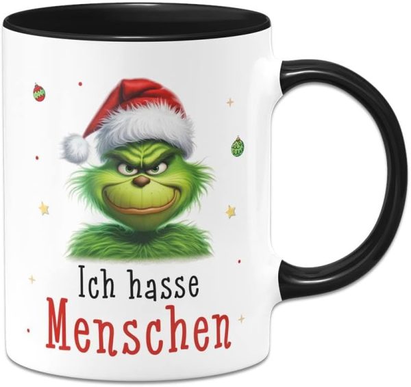Tassenbrennerei Tasse Grinch - Ich hasse Menschen - Kaffeetasse mit Spruch, Weihnachtstasse lustig - Weihnachts-Deko Anti-Weihnachten (Schwarz) 1