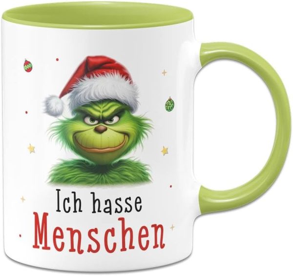 Tassenbrennerei Tasse Grinch - Ich hasse Menschen - Kaffeetasse mit Spruch, Weihnachtstasse lustig - Weihnachts-Deko Anti-Weihnachten (Grün) 1