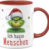 Tassenbrennerei Tasse Grinch - Ich hasse Menschen - Kaffeetasse mit Spruch, Weihnachtstasse lustig - Weihnachts-Deko Anti-Weihnachten (Rot) 10