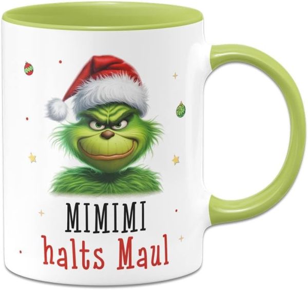 Tassenbrennerei Tasse Grinch - Mimimi Halts Maul - Anti-Weihnachten Weihnachtstasse lustig - Kaffeetasse mit Spruch Weihnachts-Deko (Grün) 1