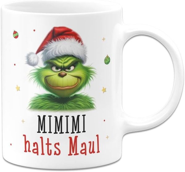 Tassenbrennerei Tasse Grinch - Mimimi Halts Maul - Anti-Weihnachten Weihnachtstasse lustig - Kaffeetasse mit Spruch Weihnachts-Deko (Weiß) 1