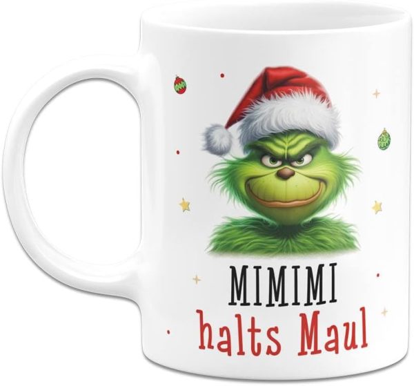 Tassenbrennerei Tasse Grinch - Mimimi Halts Maul - Anti-Weihnachten Weihnachtstasse lustig - Kaffeetasse mit Spruch Weihnachts-Deko (Weiß) 2