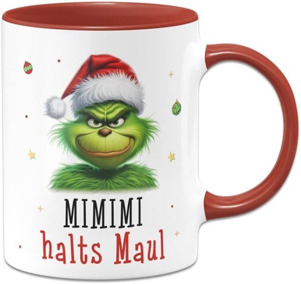 Tassenbrennerei Tasse Grinch - Mimimi Halts Maul - Anti-Weihnachten Weihnachtstasse lustig - Kaffeetasse mit Spruch Weihnachts-Deko (Rot) 1