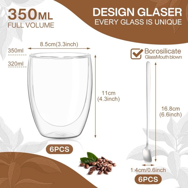 MULEVIP Latte Macchiato Gläser Doppelwandig (6 x 350ml) Doppelwandige Gläser,Doppelwandige Kaffeegläser,Thermogläser Doppelwandig für Cappuccino,Latte,EIS,Iced Americano,Milch,Saft - mit Löffel 3