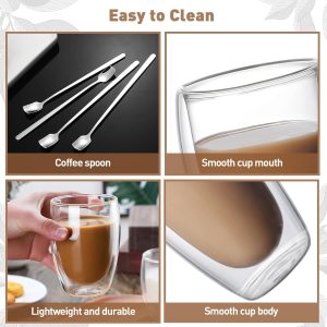 MULEVIP Latte Macchiato Gläser Doppelwandig (6 x 350ml) Doppelwandige Gläser,Doppelwandige Kaffeegläser,Thermogläser Doppelwandig für Cappuccino,Latte,EIS,Iced Americano,Milch,Saft - mit Löffel 16