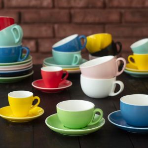 Terra Home 2er Cappuccino-Tassen Set - Gelb, 200 ml, Glossy, Porzellan, Dickwandig, Spülmaschinenfest, italienisches Design - Kaffee-Tassen Set mit Untertassen 12