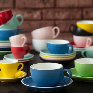 Terra Home 2er Cappuccino-Tassen Set - Gelb, 200 ml, Glossy, Porzellan, Dickwandig, Spülmaschinenfest, italienisches Design - Kaffee-Tassen Set mit Untertassen 18