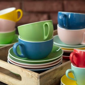 Terra Home 2er Cappuccino-Tassen Set - Gelb, 200 ml, Glossy, Porzellan, Dickwandig, Spülmaschinenfest, italienisches Design - Kaffee-Tassen Set mit Untertassen 24