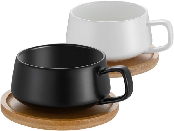 2er Set Cappuccino Tassen mit Unterteller, 320 ml Kaffeetassen, Espressotassen aus Steingut für Tee Kaffee Cappuccino, Kaffeebecher mit Holzscheibe, Schwarz＆Weiß 1