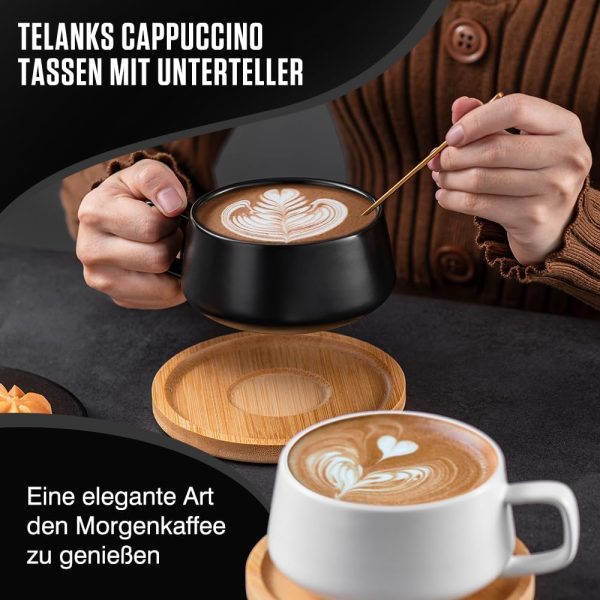 2er Set Cappuccino Tassen mit Unterteller, 320 ml Kaffeetassen, Espressotassen aus Steingut für Tee Kaffee Cappuccino, Kaffeebecher mit Holzscheibe, Schwarz＆Weiß 2