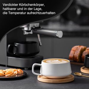 2er Set Cappuccino Tassen mit Unterteller, 320 ml Kaffeetassen, Espressotassen aus Steingut für Tee Kaffee Cappuccino, Kaffeebecher mit Holzscheibe, Schwarz＆Weiß 10