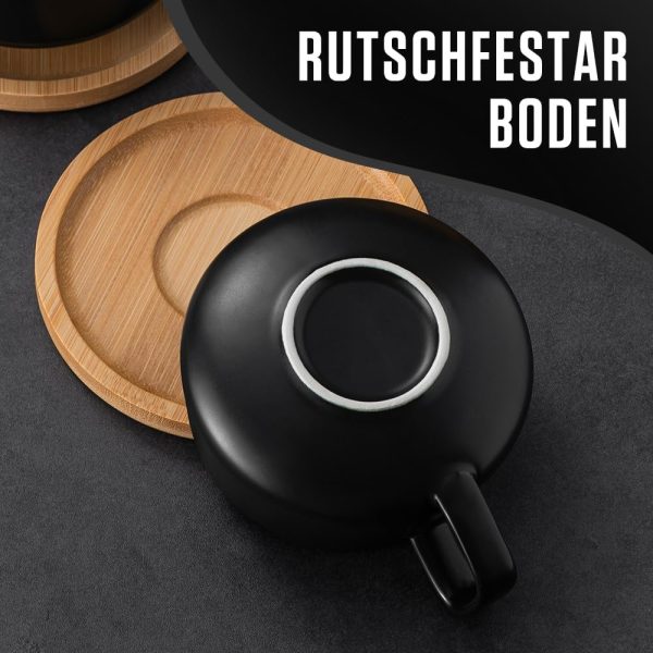 2er Set Cappuccino Tassen mit Unterteller, 320 ml Kaffeetassen, Espressotassen aus Steingut für Tee Kaffee Cappuccino, Kaffeebecher mit Holzscheibe, Schwarz＆Weiß 4