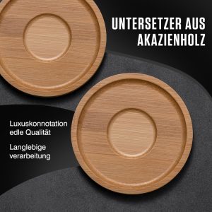 2er Set Cappuccino Tassen mit Unterteller, 320 ml Kaffeetassen, Espressotassen aus Steingut für Tee Kaffee Cappuccino, Kaffeebecher mit Holzscheibe, Schwarz＆Weiß 14