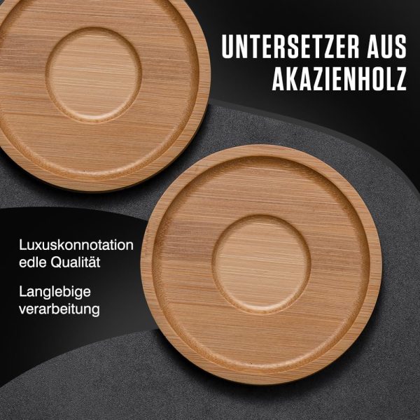 2er Set Cappuccino Tassen mit Unterteller, 320 ml Kaffeetassen, Espressotassen aus Steingut für Tee Kaffee Cappuccino, Kaffeebecher mit Holzscheibe, Schwarz＆Weiß 5