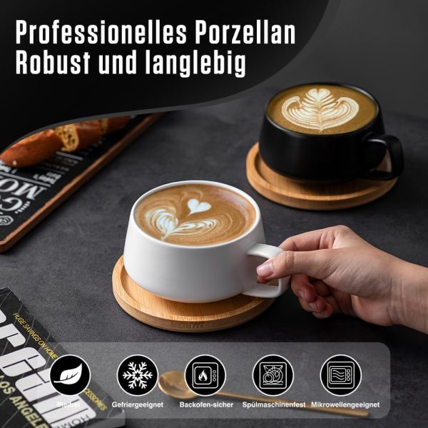 2er Set Cappuccino Tassen mit Unterteller, 320 ml Kaffeetassen, Espressotassen aus Steingut für Tee Kaffee Cappuccino, Kaffeebecher mit Holzscheibe, Schwarz＆Weiß 6