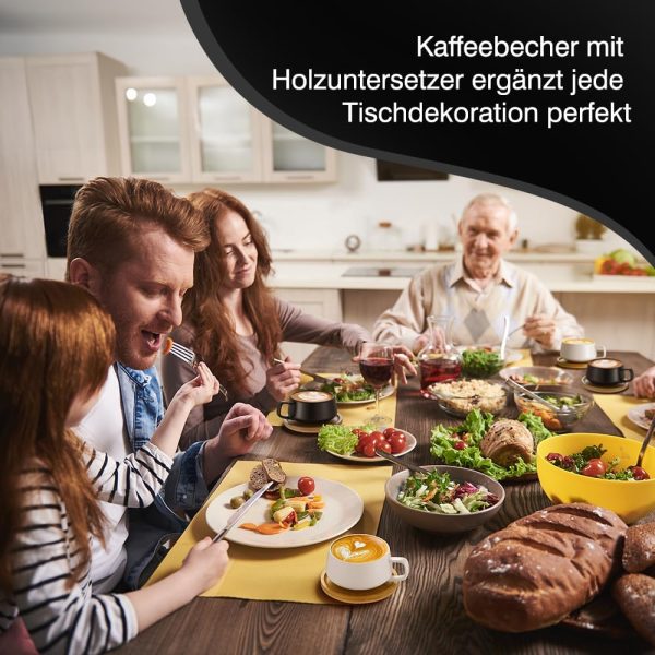 2er Set Cappuccino Tassen mit Unterteller, 320 ml Kaffeetassen, Espressotassen aus Steingut für Tee Kaffee Cappuccino, Kaffeebecher mit Holzscheibe, Schwarz＆Weiß 7