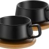 2er Set Cappuccino Tassen mit Unterteller, 320 ml Kaffeetassen, Espressotassen aus Steingut für Tee Kaffee Cappuccino, Kaffeebecher mit Holzscheibe, Schwarz 22