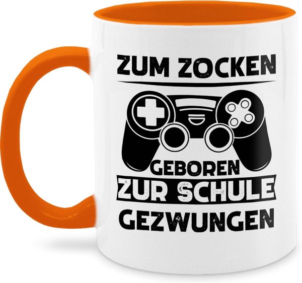Tasse Tassen 325ml - Statement Sprüche - Zum zocken geboren zur Schule gezwungen - 325 ml - Orange - kaffeetasse geschenk für zocker teetassen mit spruch spruechen jungenzimmer kakaobecher 1