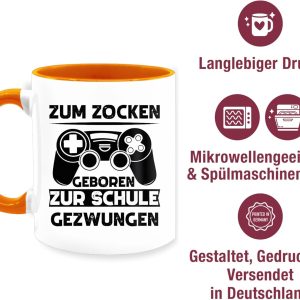 Tasse Tassen 325ml - Statement Sprüche - Zum zocken geboren zur Schule gezwungen - 325 ml - Orange - kaffeetasse geschenk für zocker teetassen mit spruch spruechen jungenzimmer kakaobecher 12