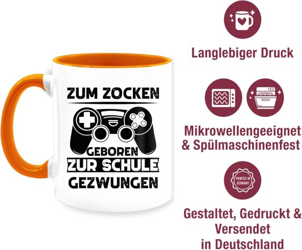 Tasse Tassen 325ml - Statement Sprüche - Zum zocken geboren zur Schule gezwungen - 325 ml - Orange - kaffeetasse geschenk für zocker teetassen mit spruch spruechen jungenzimmer kakaobecher 5