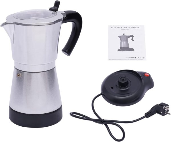 Vielrosse Espressokocher Elektrisch, 480W Mokkakocher mit Basis, 1-6 Tassen Kaffeemaschine 360° Drehbar Basis Geeignet Abschaltautomatik für Zuhause Büro Reisen (Silber) 7