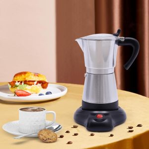 Vielrosse Espressokocher Elektrisch, 480W Mokkakocher mit Basis, 1-6 Tassen Kaffeemaschine 360° Drehbar Basis Geeignet Abschaltautomatik für Zuhause Büro Reisen (Silber) 24