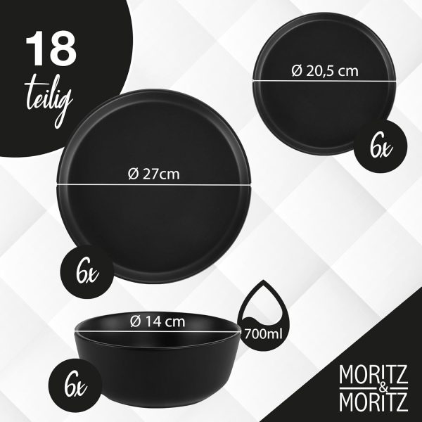 Moritz & Moritz NORDIC Geschirrset 6 Personen 18-teilig Schwarz - Elegantes Teller Set aus hochwertigem Steinzeug - Geschirr Set aus 6x Dinnerteller, 6x Dessertteller, 6x Suppenteller 2