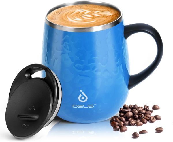 Ideus Kaffeebecher 470 ml (16 oz), doppelwandige vakuumisolierte Kaffee- und Teetasse aus Edelstahl mit rutschfestem Griff und Schiebemoduldeckel und großem Volumen (Leopard Blau) 1