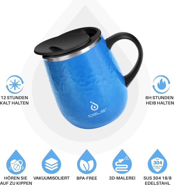 Ideus Kaffeebecher 470 ml (16 oz), doppelwandige vakuumisolierte Kaffee- und Teetasse aus Edelstahl mit rutschfestem Griff und Schiebemoduldeckel und großem Volumen (Leopard Blau) 2