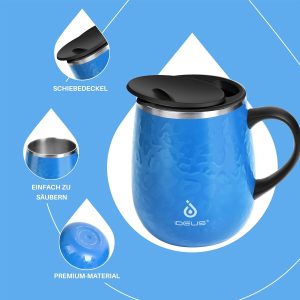 Ideus Kaffeebecher 470 ml (16 oz), doppelwandige vakuumisolierte Kaffee- und Teetasse aus Edelstahl mit rutschfestem Griff und Schiebemoduldeckel und großem Volumen (Leopard Blau) 12