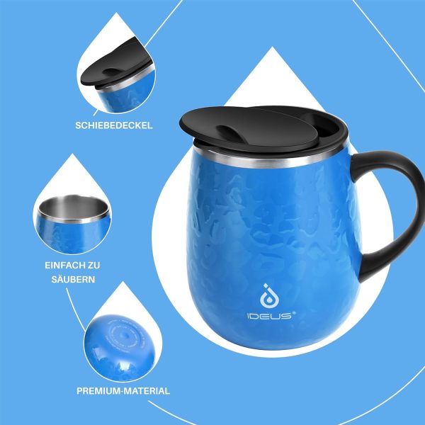 Ideus Kaffeebecher 470 ml (16 oz), doppelwandige vakuumisolierte Kaffee- und Teetasse aus Edelstahl mit rutschfestem Griff und Schiebemoduldeckel und großem Volumen (Leopard Blau) 3