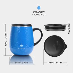 Ideus Kaffeebecher 470 ml (16 oz), doppelwandige vakuumisolierte Kaffee- und Teetasse aus Edelstahl mit rutschfestem Griff und Schiebemoduldeckel und großem Volumen (Leopard Blau) 16