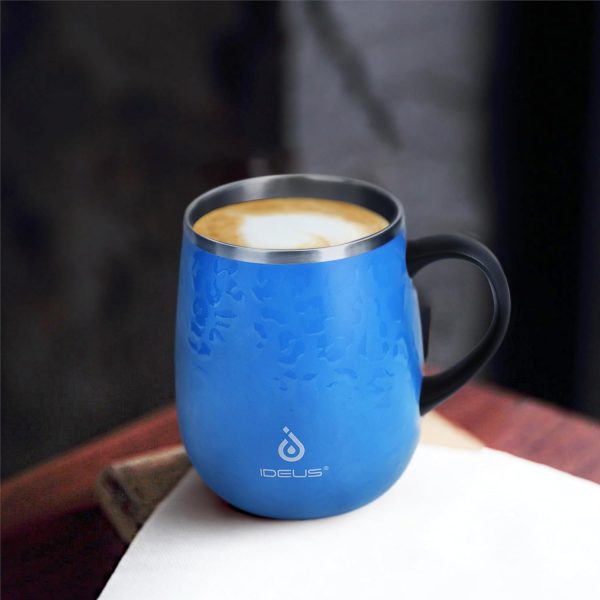 Ideus Kaffeebecher 470 ml (16 oz), doppelwandige vakuumisolierte Kaffee- und Teetasse aus Edelstahl mit rutschfestem Griff und Schiebemoduldeckel und großem Volumen (Leopard Blau) 7