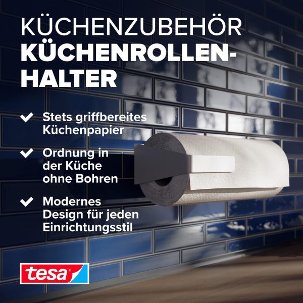 tesa Küchenrollenhalter – zum Kleben Papierrollenhalter für mehr Ordnung in der Küche - horizontale oder vertikale Montage - Küchenzubehör - mit Adapter, Wandmontage ohne Bohren - Weiß 2