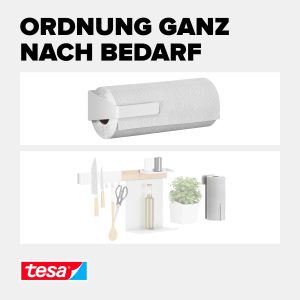 tesa Küchenrollenhalter – zum Kleben Papierrollenhalter für mehr Ordnung in der Küche - horizontale oder vertikale Montage - Küchenzubehör - mit Adapter, Wandmontage ohne Bohren - Weiß 10